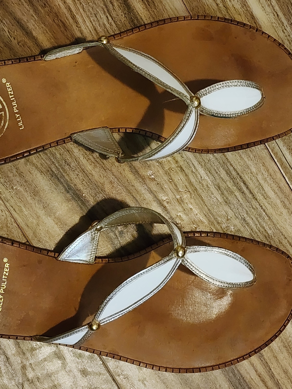 Lilly Pulitzer White and Gold Leather Thong Sandals - Picture 2 of 7